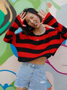 Striped Pattern Ripped Sweater