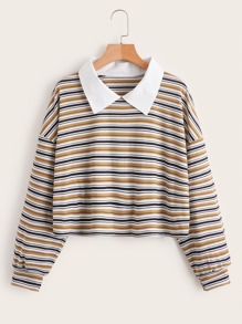 Striped Print Contrast Collar Tee