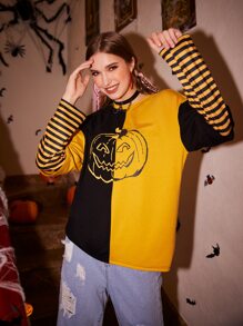 Striped Sleeve Halloween Graphic Tee