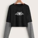 Striped Sleeve Heart Graphic Crop Tee