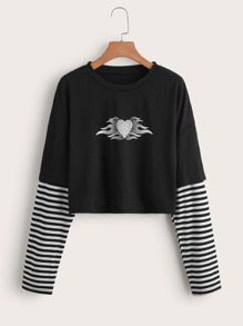 Striped Sleeve Heart Graphic Crop Tee