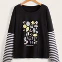 Striped Sleeve Letter Mushroom Graphic Tee