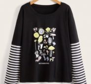 Striped Sleeve Letter Mushroom Graphic Tee