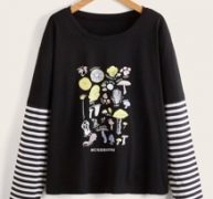 Striped Sleeve Letter Mushroom Graphic Tee