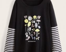 Striped Sleeve Letter Mushroom Graphic Tee