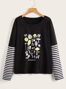 Striped Sleeve Letter Mushroom Graphic Tee