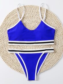 Striped Tape Contrast Binding Bikini Swimsuit