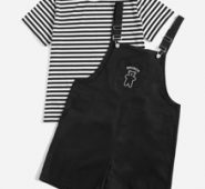 Striped Tee & Letter Bear Embroidery Overall Jumpsuit