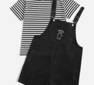 Striped Tee & Letter Bear Embroidery Overall Jumpsuit