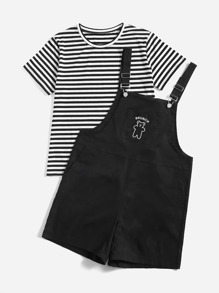 Striped Tee & Letter Bear Embroidery Overall Jumpsuit