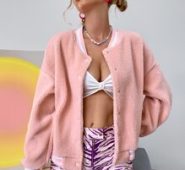 Striped Trim Fleece Bomber Jacket