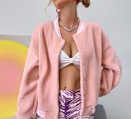 Striped Trim Fleece Bomber Jacket