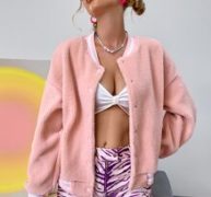 Striped Trim Fleece Bomber Jacket