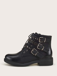 Studded Decor Buckle Detail Combat Boots