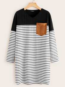 Suede Elbow Patched Striped Tee Dress