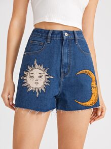 Sun & Moon Graphic Denim Shorts