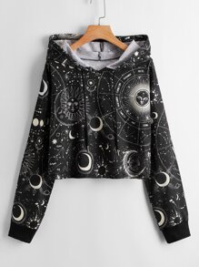 Sun & Moon Print Drawstring Hoodie