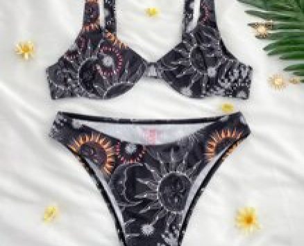 Sun & Moon Print Push Up High Cut Bikini Swimsuit