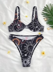 Sun & Moon Print Push Up High Cut Bikini Swimsuit