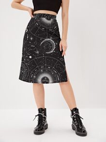 Sun & Moon Print Split Side Skirt