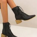 Textured Lace-up Front Side Zipper Chunky Classic Boots