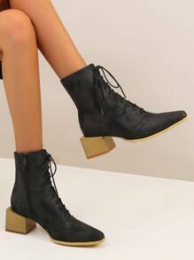 Textured Lace-up Front Side Zipper Chunky Classic Boots