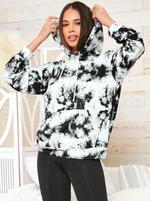 Tie Dye Drop Shoulder Kangaroo Pocket Drawstring Hoodie