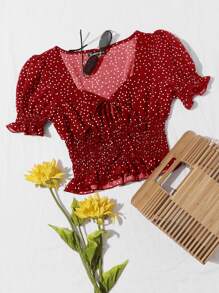 Tie Front Frill Trim Shirred Polka Dot Top