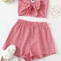 Tie Front Gingham Crop Tube Top & Shorts Set