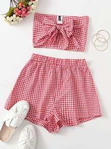 Tie Front Gingham Crop Tube Top & Shorts Set