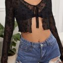 Tie Front Lettuce Trim Flocked Mesh Top Without Bra