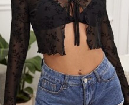 Tie Front Lettuce Trim Flocked Mesh Top Without Bra