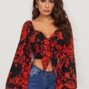 Tie Front Shirred Detail Bishop Sleeve Floral Crop Top