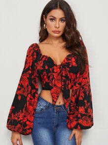 Tie Front Shirred Detail Bishop Sleeve Floral Crop Top