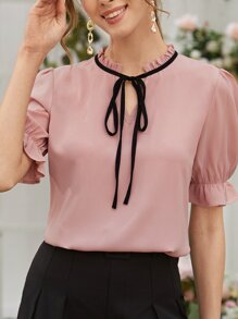 Tie Neck Flounce Sleeve Blouse