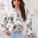 Tie Neck Lantern Sleeve Botanical Top