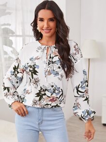 Tie Neck Lantern Sleeve Botanical Top