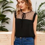Tie Neck Mesh Yoke Top