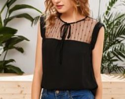Tie Neck Mesh Yoke Top