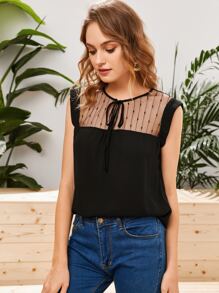 Tie Neck Mesh Yoke Top