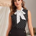 Tie Neck Polka Dot Sleeveless Blouse