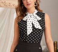 Tie Neck Polka Dot Sleeveless Blouse