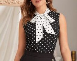 Tie Neck Polka Dot Sleeveless Blouse