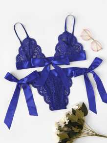 Tie Side Scalloped Trim Lace Lingerie Set