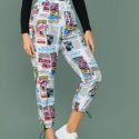 Tie Waist Drawstring Cuff Newspaper & Pop Art Print Pants