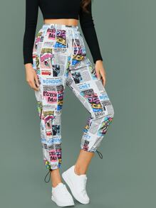 Tie Waist Drawstring Cuff Newspaper & Pop Art Print Pants