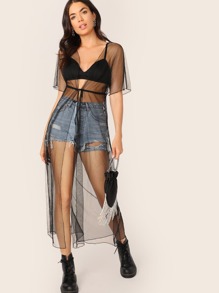 Tie Waist Sheer Mesh Kimono