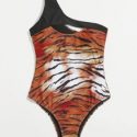 Tiger Stripe One Shoulder One Piece Swimsuit