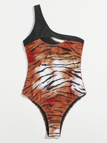 Tiger Stripe One Shoulder One Piece Swimsuit