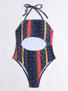 Tribal Print Cut Out One Piece Swimsuit